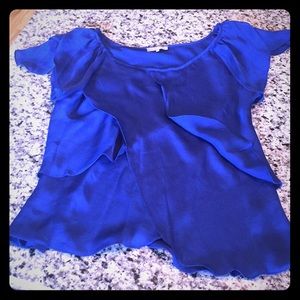 EUC royal blue satin split-back ruffle/flutter top